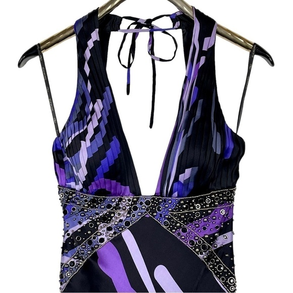 SUE WONG Y2K SILK PLUNGE HALTER STUDDED FLORAL SEXY CUTOUT FORMAL GOWN DRESS - Picture 10 of 16